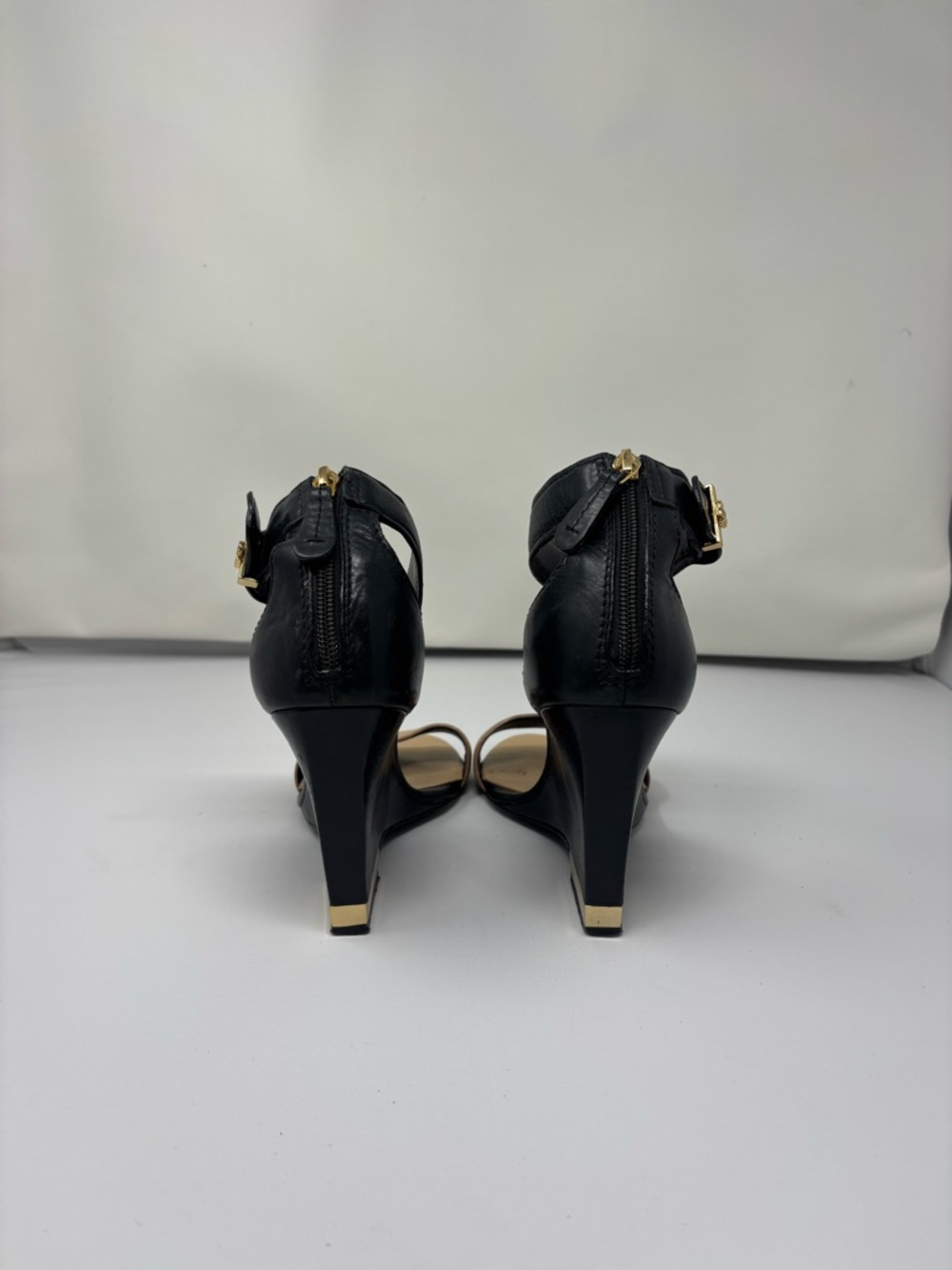 Tory Burch Two-Tone Ankle Strap Block Sandals - Beige and Black - Picture 4 of 5
